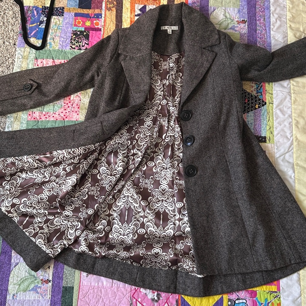 CAbi Charcoal Trench Coat with Patterned Lining